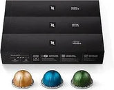 Nespresso Capsules Vertuo variety pack with medium and dark roast coffee pods in gold, blue, and green colors, compatible with VertuoLine machines, 30 count.